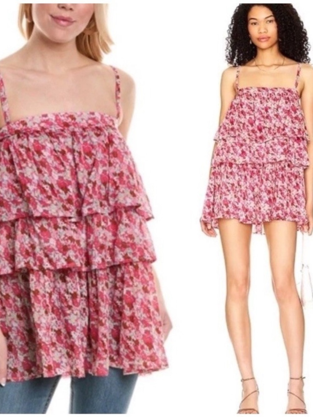 Free People FP One Talia Tunic Mini Dress Floral Tiered Ruffle Sleeveless-M